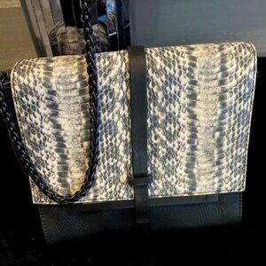 VINCE CAMUTO Leila Black Leather with Faux Snake Skin Handbag Purse NWT $228